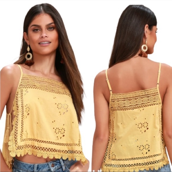 Free People Tops - Free People Women’s Sz S Garden Party Yellow Embroidered Side Tie Eyelet Cami